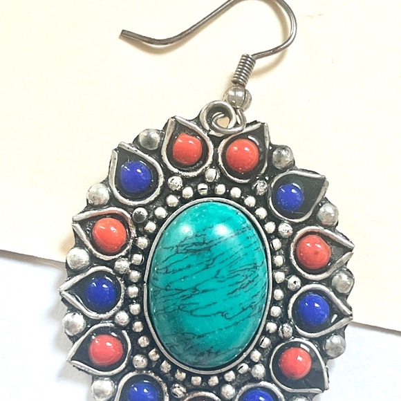 (pendant) 1980s vintage boho necklace pendant red, blue, green, &turquoise stone - Picture 7 of 10